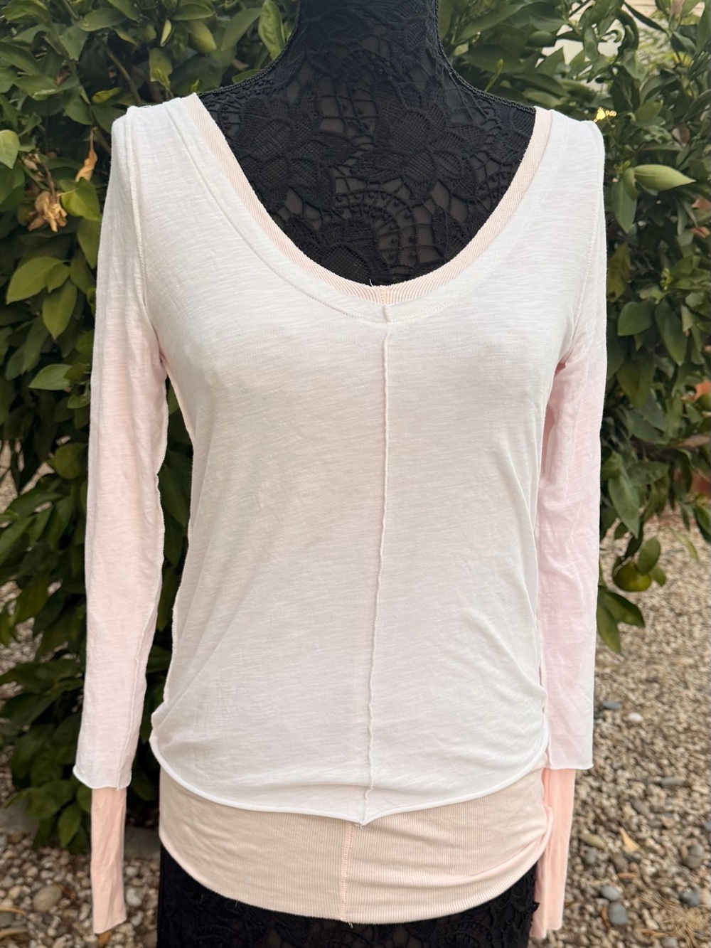 We The Free. Free People Twofer Pale Pink and White Layered V-Neck Long Sleeve